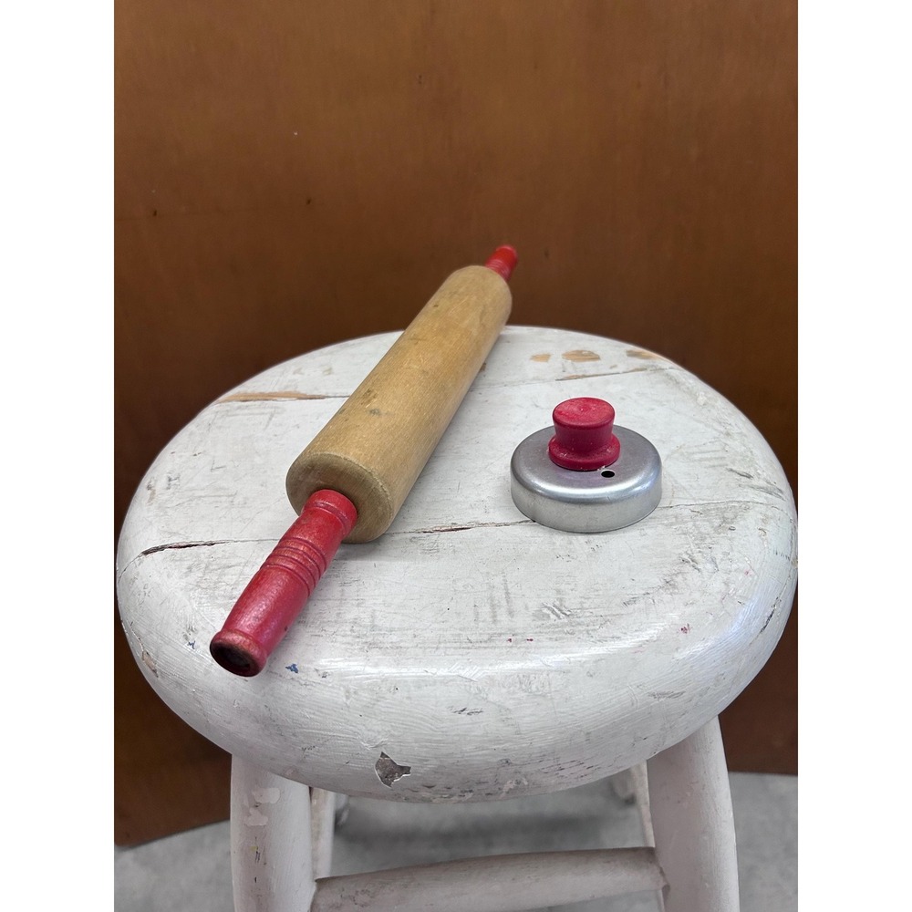 Wooden Rolling Pin & Biscuit/Cookie Cutter w/ Doughnut Hole Insert Red Handles